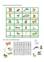 English Worksheet: ANMALS CHART AND WORDSEARCH