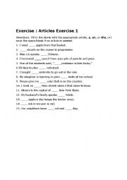 English Worksheet: Article exercise with answers