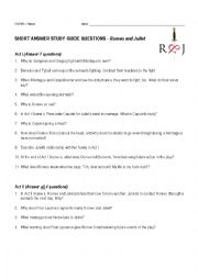 English Worksheet: Romeo and Juliet Comprehension Questions