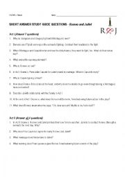 English Worksheet: Romeo and Juliet Comprehension Questions