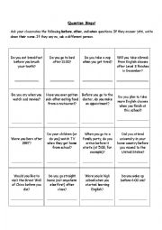 English Worksheet: Question Bingo with Before, After, and When