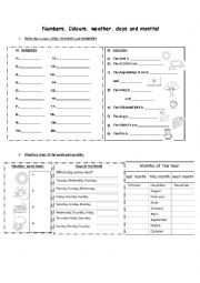 English Worksheet: numbers, colours, weather, days and months