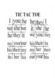 English Worksheet: Tic Tac Toe on Personal and Possessive Pronouns