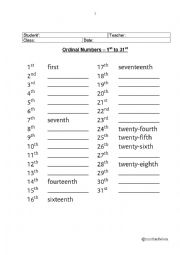 English Worksheet: Ordinal numbers - 1st to 31st