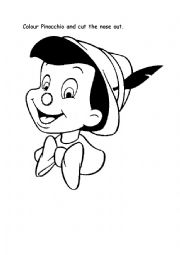 English Worksheet: Colour Pinocchio and cut out the nose