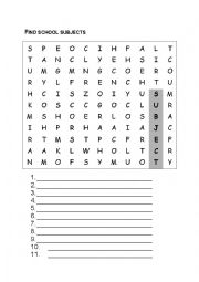 School subjects - word search