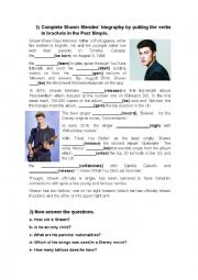 English Worksheet: Shawn Mendes Reading Comprehension + Past Simple