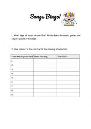 English Worksheet: Songs Bingo