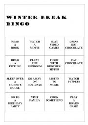 English Worksheet: Winter Break Bingo