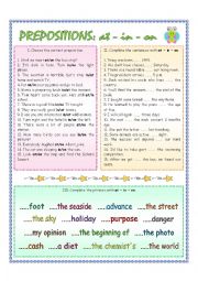 English Worksheet: Prepositions: at - in - on