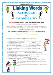 English Worksheet: GRAMMAR REVISION - LINKING WORDS - ALTHOUGH, IN ORDER TO, SO