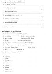 English Worksheet: Subject and object questions (present tenses), -ing or to infinitive, adjectives with prepositions
