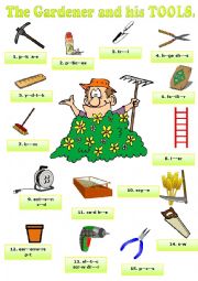 English Worksheet: The gardener and his tools. Pictionary + KEY