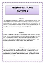 English Worksheet: personality quiz answers