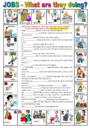 English Worksheet: Jobs - What are they doing?  Present Continuous + KEY