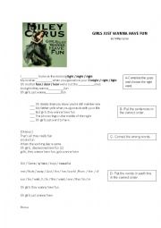 English Worksheet: Girls just wanna have fun - Miley Cyrus