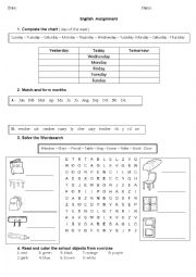 English Worksheet: Days, months , school objects and colors vocabulary practice