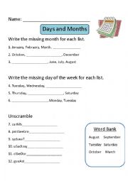 English Worksheet: Days and Months Worksheet