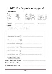 English Worksheet: Unit 16 -  Do you have any pets?