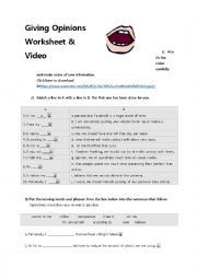 Giving opinions video and worksheet