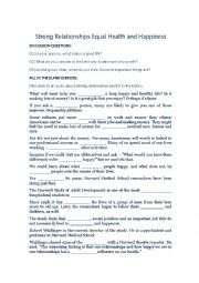 English Worksheet: Strong relationships equal health and happiness - Discussion, listening and fill-in-the-blanks exercises