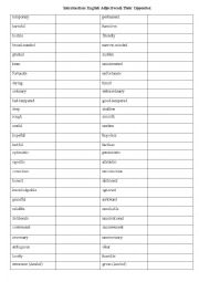 English Worksheet: Intermediate English Adjectives & Their Opposites