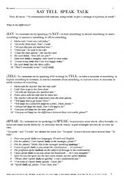 English Worksheet: GRAMMAR 012 Say tell speak talk ... Four Verbs - similar meaning