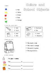English Worksheet: Colors and School Objects