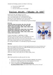 English Worksheet: Shake It Off- Taylor Swift song worksheet