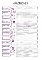 English Worksheet: Homophones