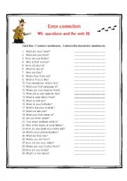 English Worksheet: Error correction WH-questions and verb BE