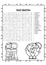 English Worksheet: Good Qualities Word Search