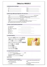 English Worksheet: Mailbu- Miley Cirus Past simple