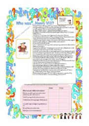 English Worksheet: Who was Henry VIII ? Reading comprehension + exercise