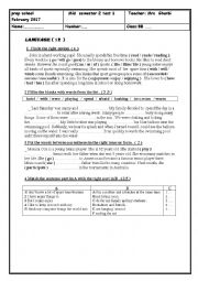 English Worksheet:  8th form test semester 2 test 1
