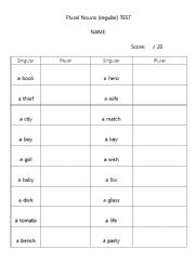 English Worksheet: Plural Nouns(Regular) Test for Kids