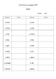 Plural Nouns(Regular) Test for Kids