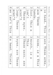 English Worksheet: scrambled sentences-body parts