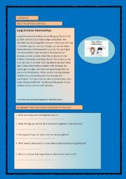 English Worksheet: LONG DISTANCE RELATIONSHIP READING, VOCABULARY, WRITING  AND GRAMMAR WORKSHEET 