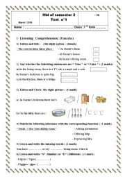 English Worksheet: 7 TH FORM TEST