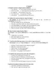 English Worksheet: Control Work. Gerund, Participle1, Infinitive, Reported Speech, Passive Voice.