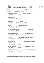 English Worksheet: Homonyms Quiz