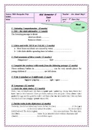 English Worksheet: mid test 1 semester 2 7th form