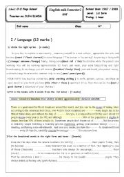 English Worksheet:  MID SEMESTER TEST N 2 -1st year