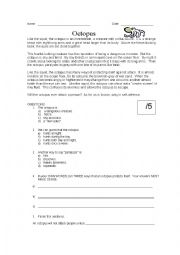 English Worksheet: Octopus Reading Comprehension Activity