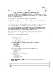 English Worksheet: Abominable Snowman/Yeti Reading Comprehension Activity