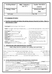 English Worksheet: MID SEMESTER 2 TEST N 2 -8TH FORM