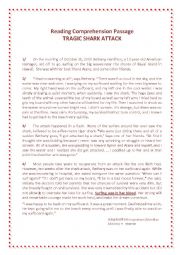 English Worksheet: Reading Comprehension: Tragic Shark Attack