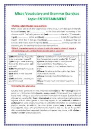 English Worksheet: Vocabulary and Grammar Exercises Topic: ENTERTAINMENT