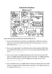 English Worksheet: Follow the directions Where am I?